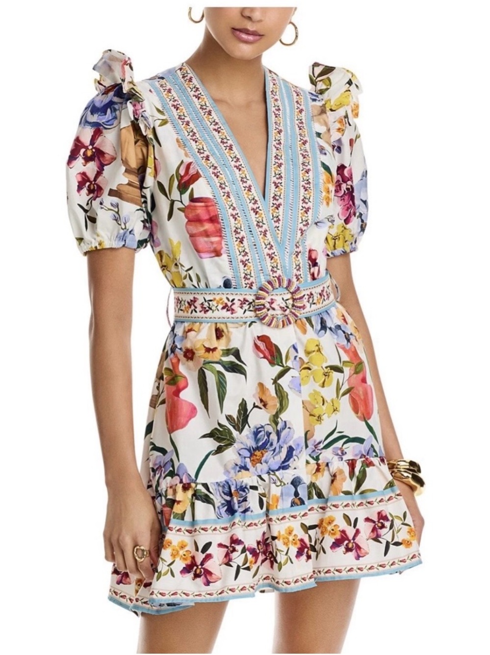 FARM RIO GREEK GARDEN OFF WHITE FLORAL BELTED MINI DRESS new with tag $230